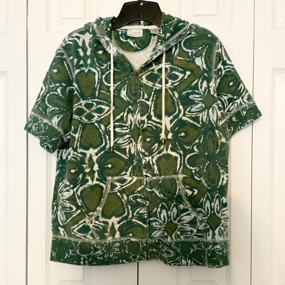 Z Energy by Chicos Size 2 Green Zip-up Short Sleeve Hoodie